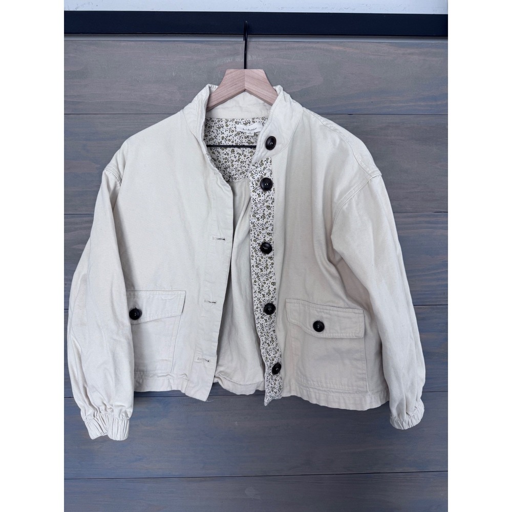 Bohme‎ Womens Cream Cotton Canvas Floral Trim Utility Jacket Small IJ47114-B